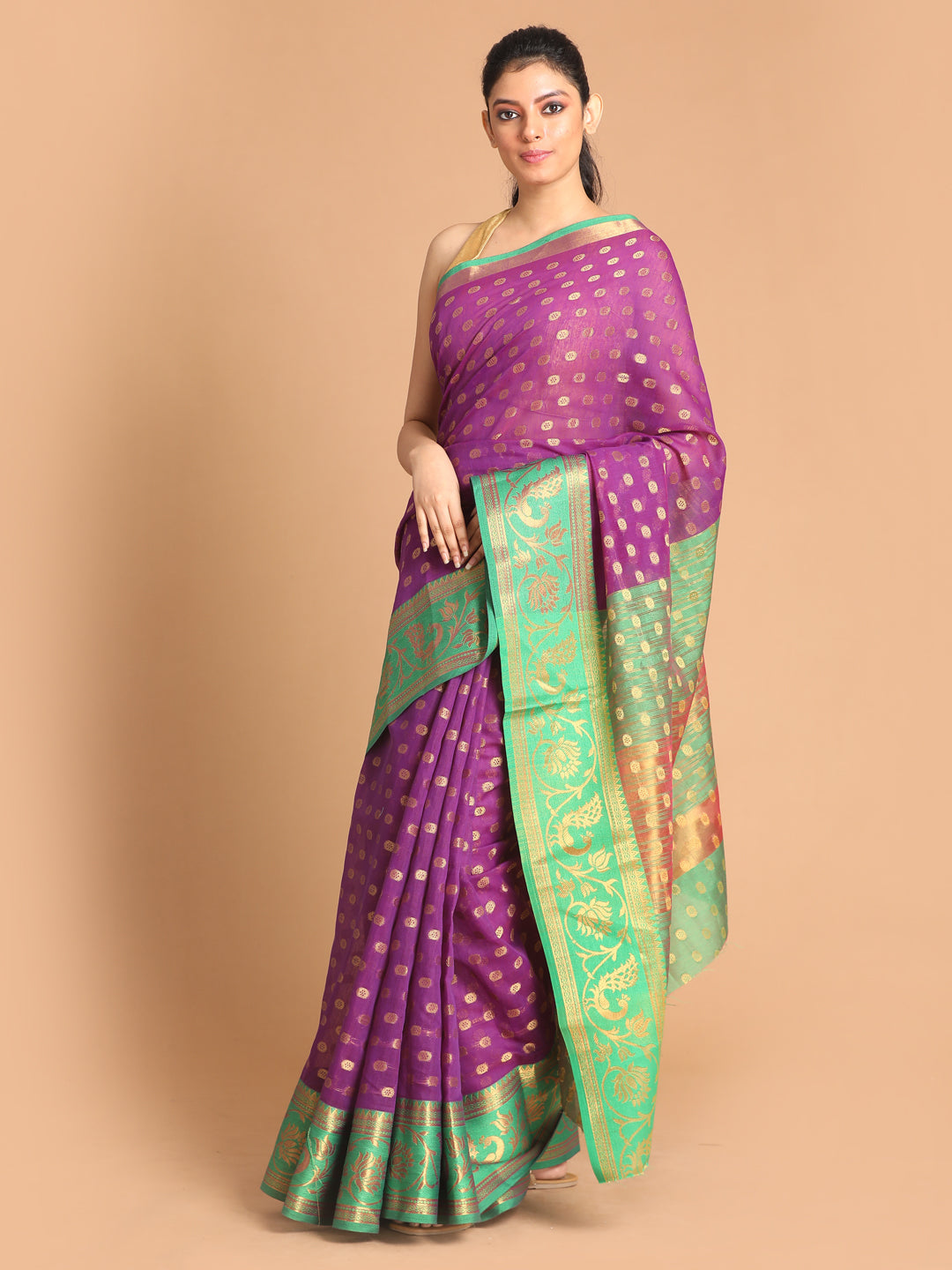 Indethnic Purple Woven Design Saree - View 1