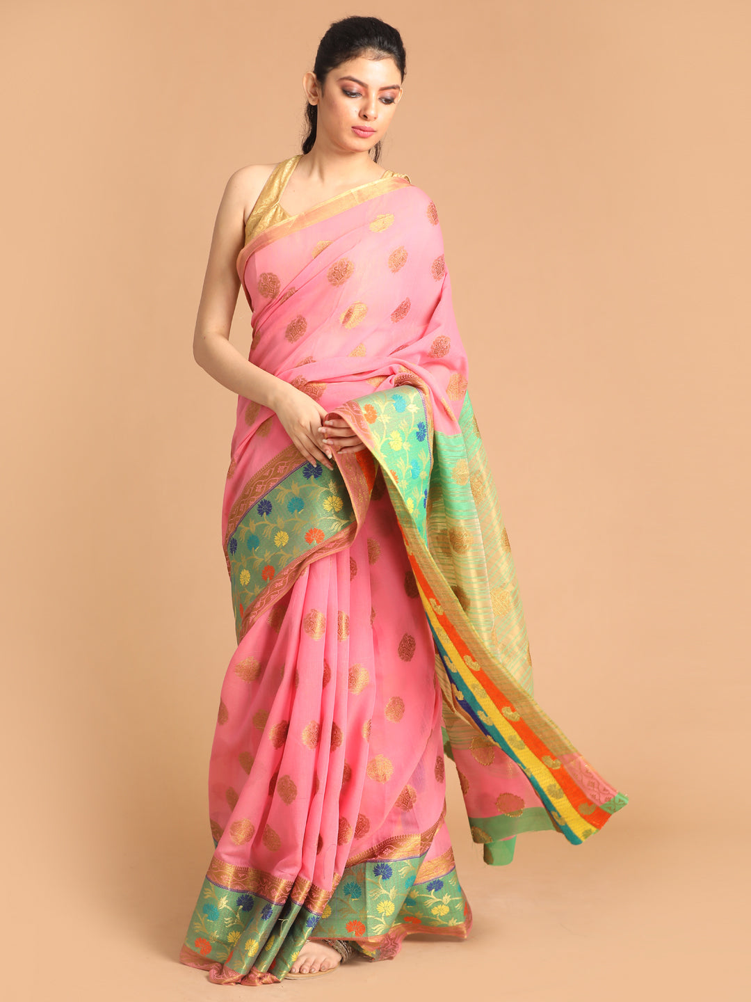 Indethnic Pink Woven Design Saree - View 1