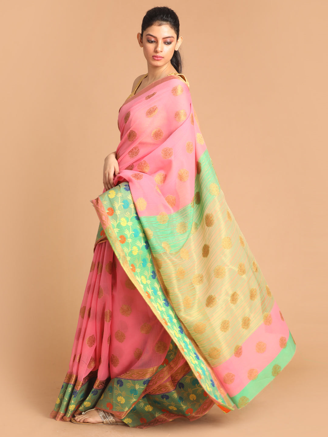 Indethnic Pink Woven Design Saree - View 2